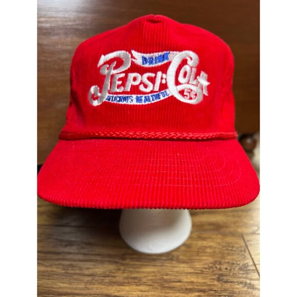 Vintage Pepsi Cola Corduroy Adjustable Trucker Hat Rare Red Rope Adult New - Picture 2 of 8